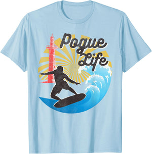 Surfing Life Pogue Beach Van Light Houses Retro Distressed T-Shirt - T-Shirt | Light Blue