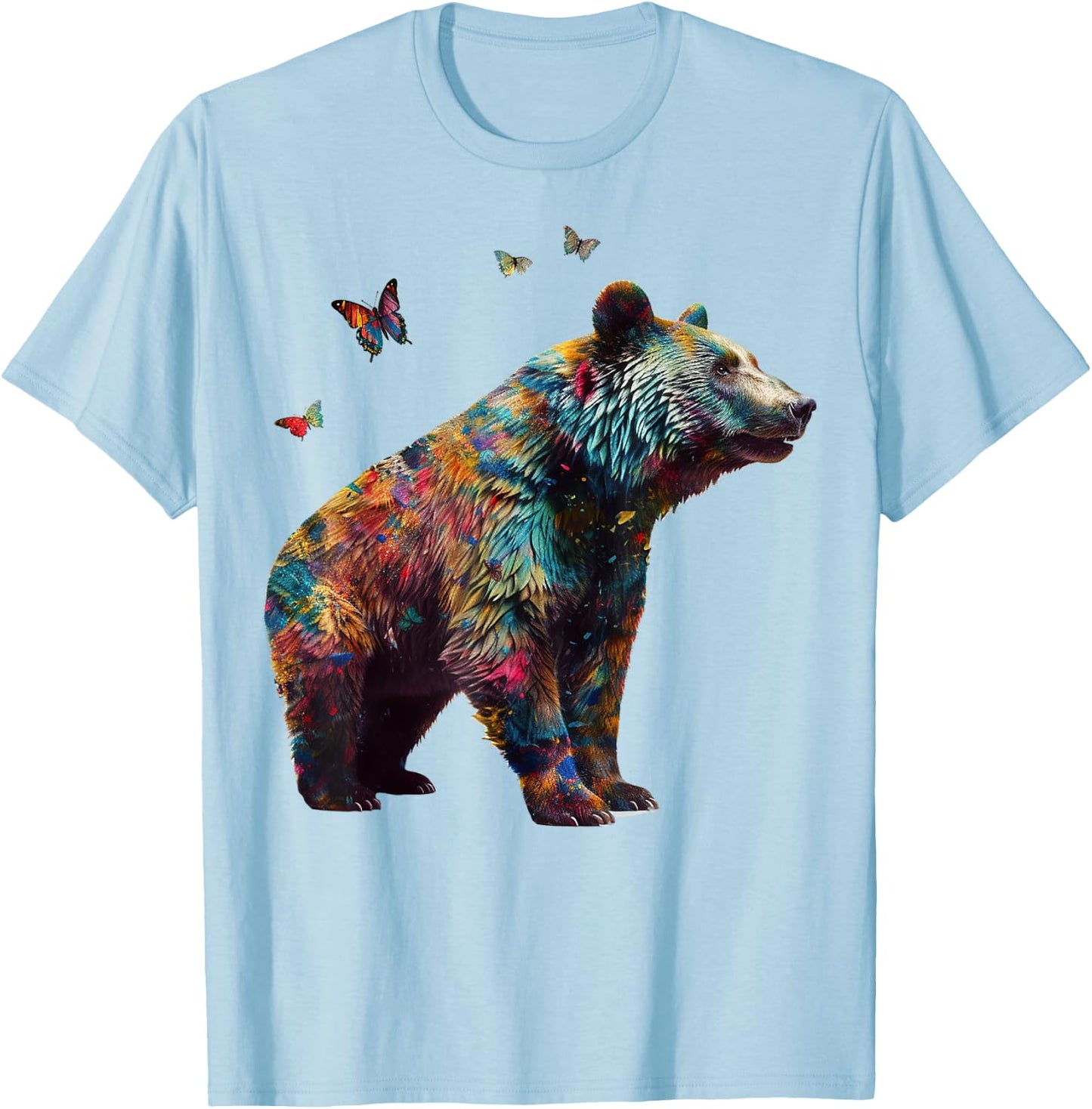 Bear Butterfly Artwork |Colorful Animal Motif Bear T-Shirt - T-Shirt | Light Blue