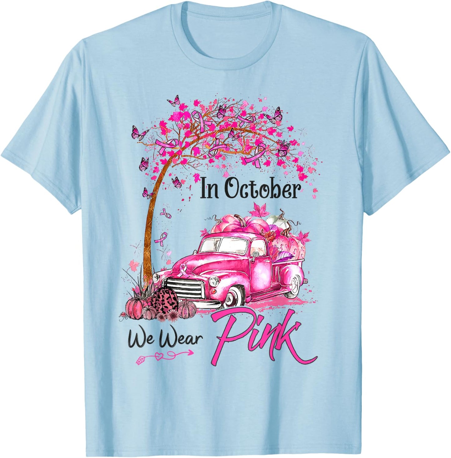 In October We Wear Pink Car Pumpkin Breast Cancer Halloween T-Shirt - T-Shirt | Light Blue