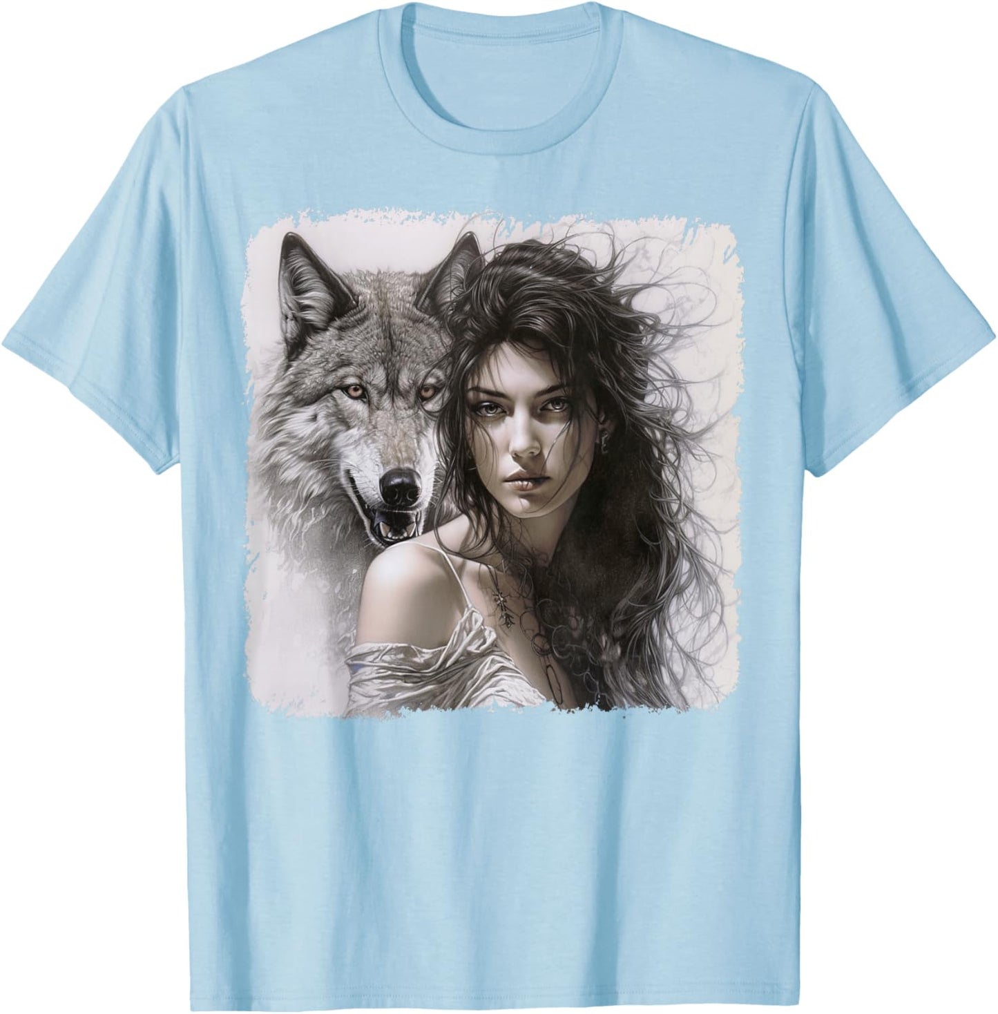 Woman with Gray Wolf Fantasy Art Painting T-Shirt - T-Shirt | Light Blue