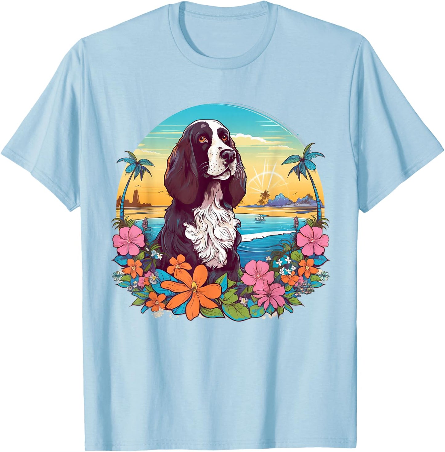 Floral Beach Vacation English Springer Spaniel Dog T-Shirt - T-Shirt | Light Blue