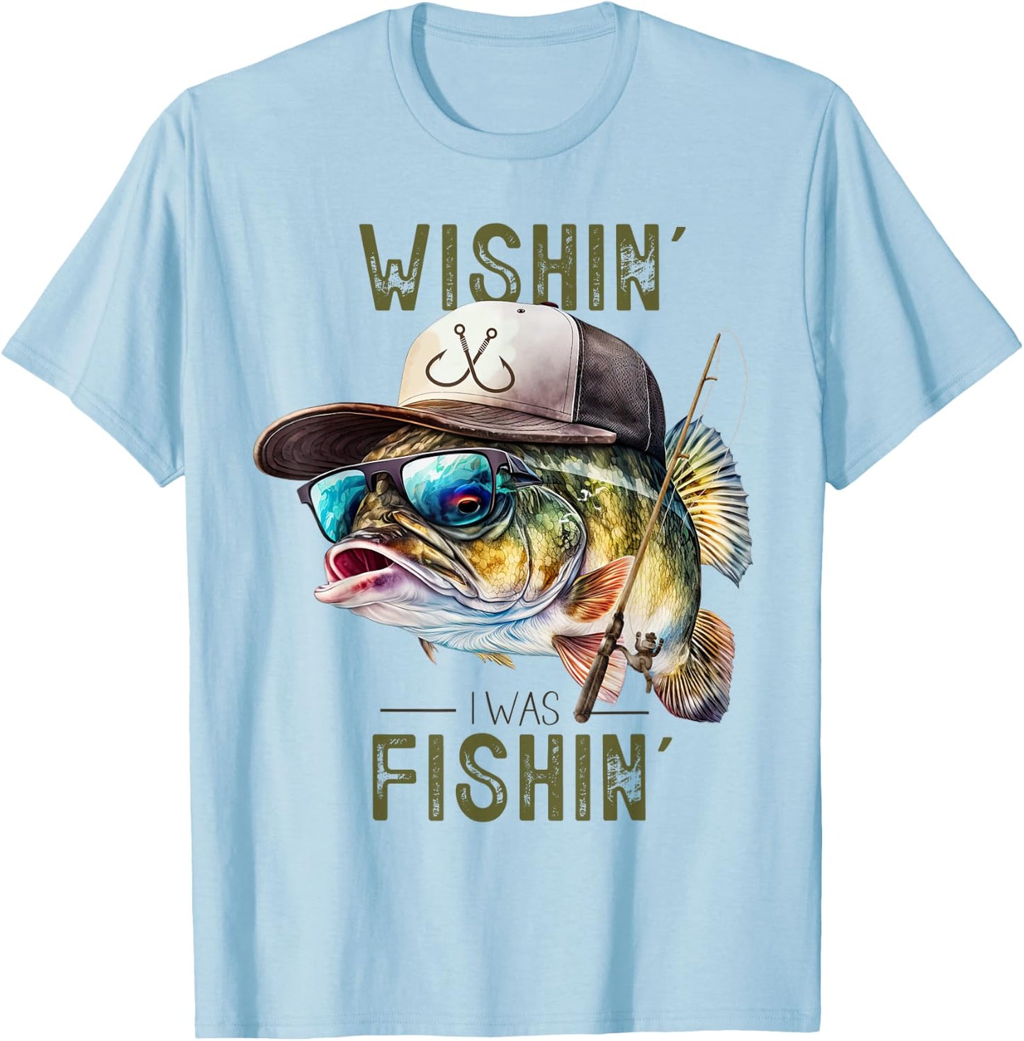 Wishing I was Fishing Large Mouth Bass Funny Fisherman Fish T-Shirt - T-Shirt | Light Blue