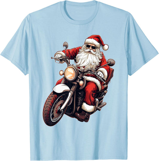 Santa Riding Motorcycle Bike Funny Christmas Biker Xmas T-Shirt - T-Shirt | Light Blue