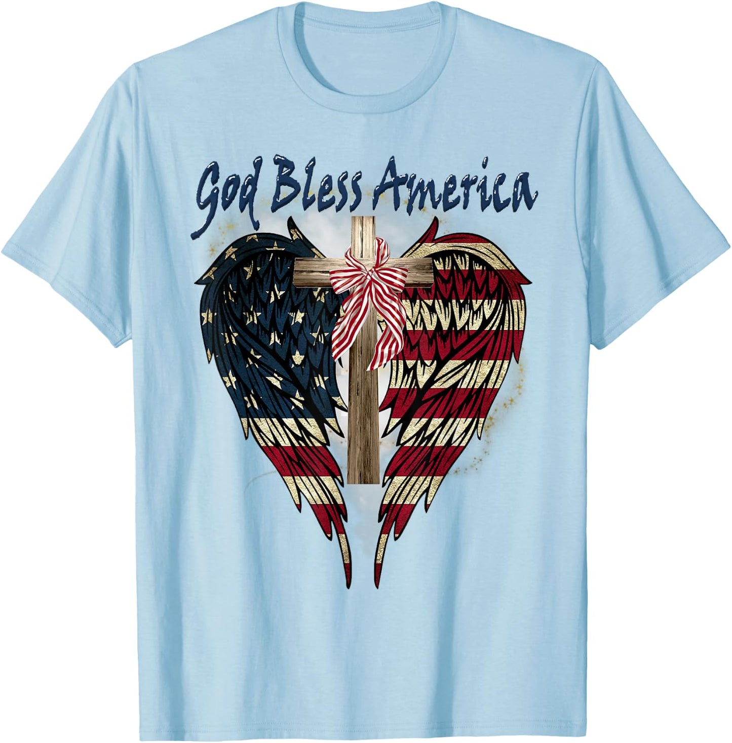 Patriotic American Flag Cross God Bless America 4th July T-Shirt - T-Shirt | Light Blue