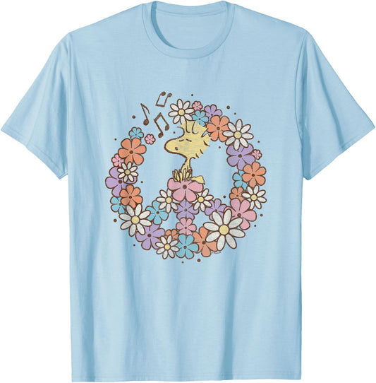 Peanuts - Woodstock Floral Peace Sign T-Shirt - T-Shirt | Light Blue