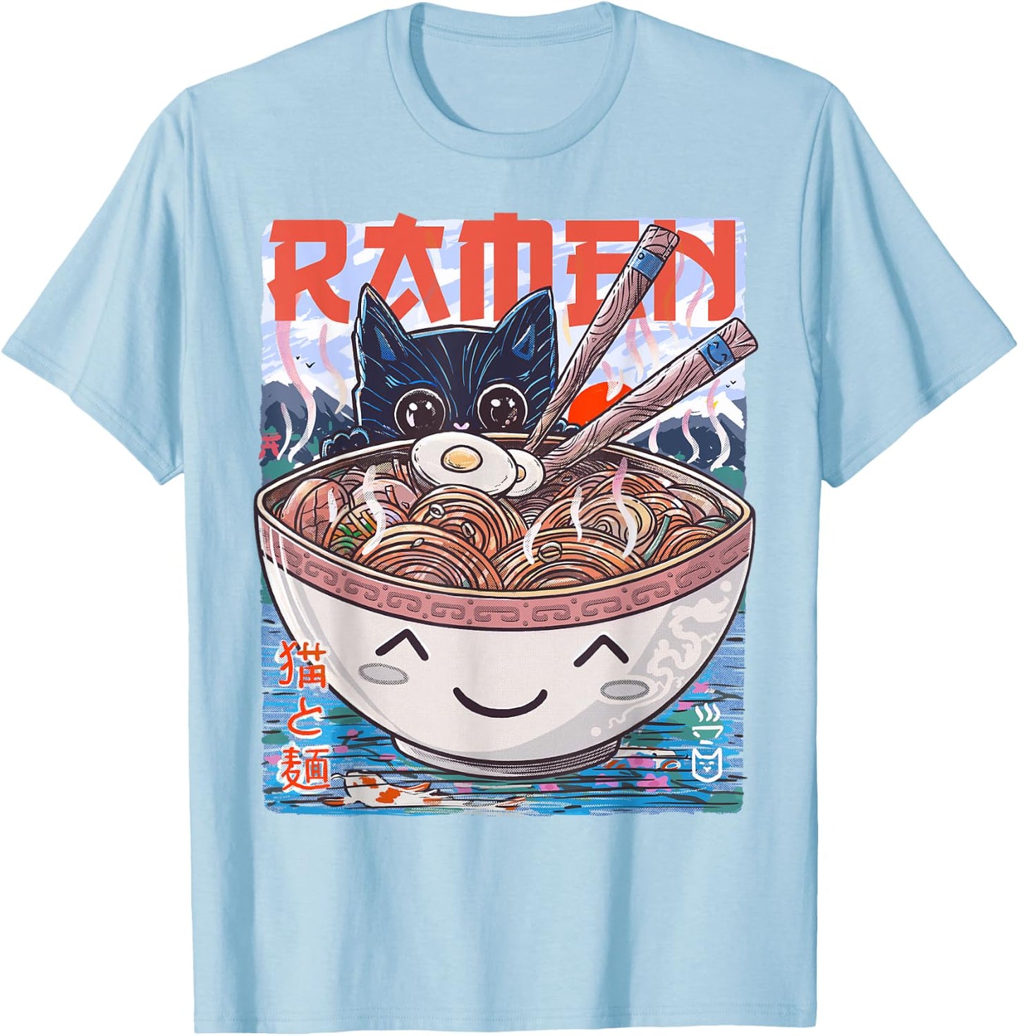 Ramen Noodles Anime Cat T-Shirt - T-Shirt | Light Blue