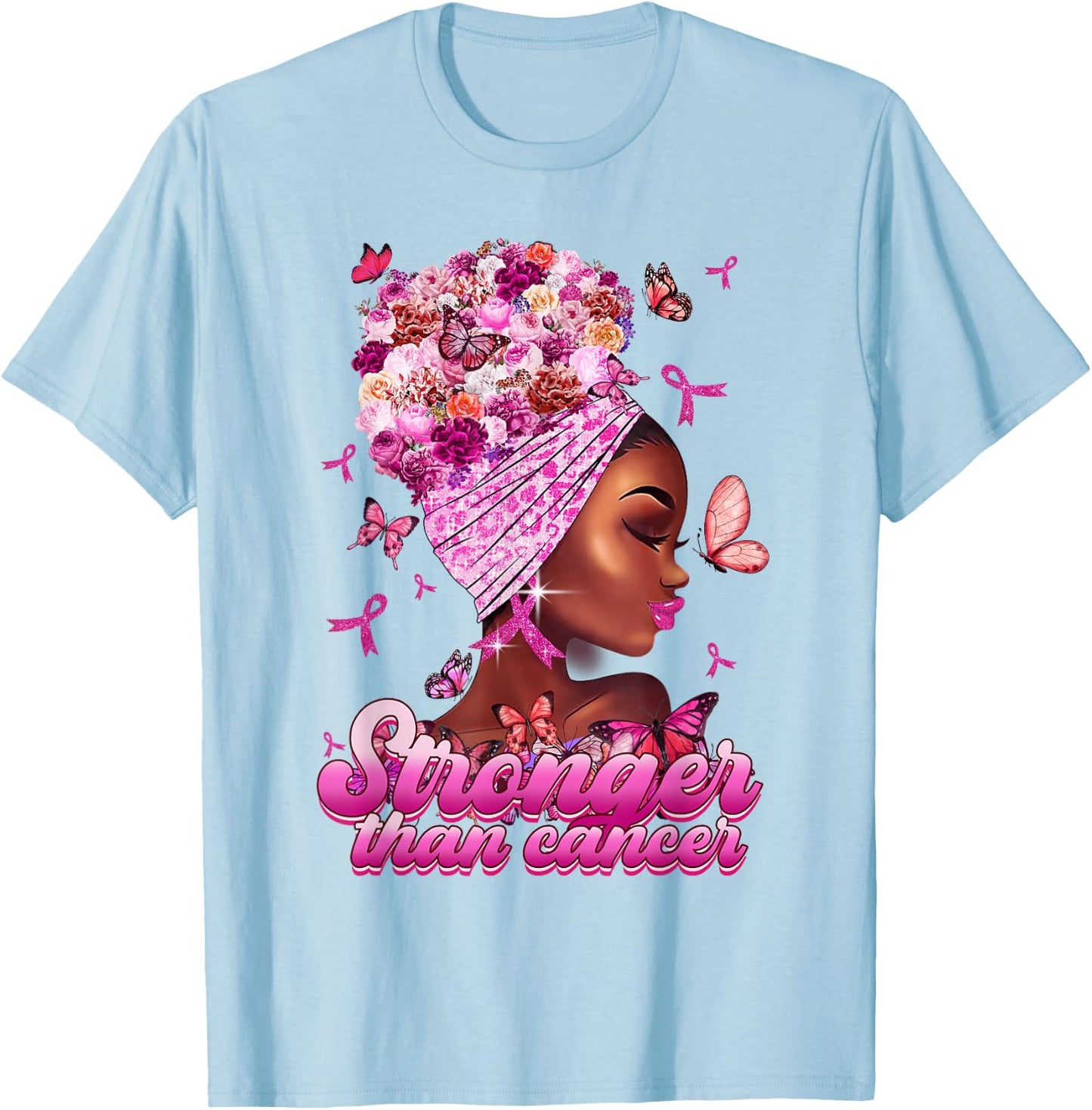 Black Women Queen Stronger Than Breast Cancer Pink Ribbon T-Shirt - T-Shirt | Light Blue