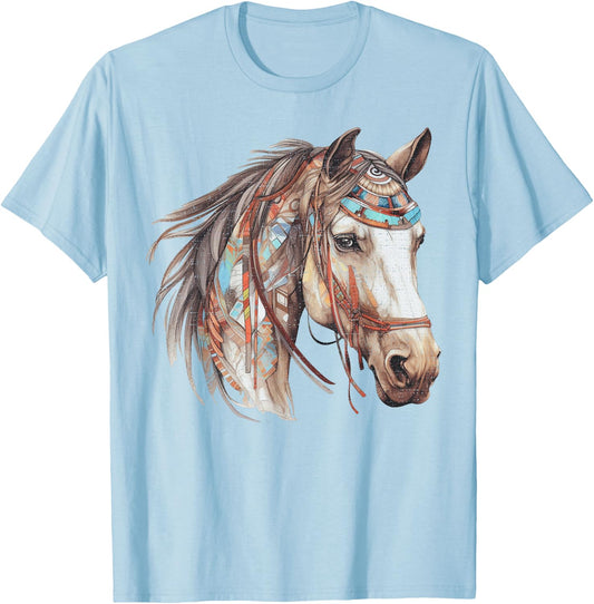 Horse Tribal Abstract Art Native American Geometric Horses T-Shirt - T-Shirt | Light Blue