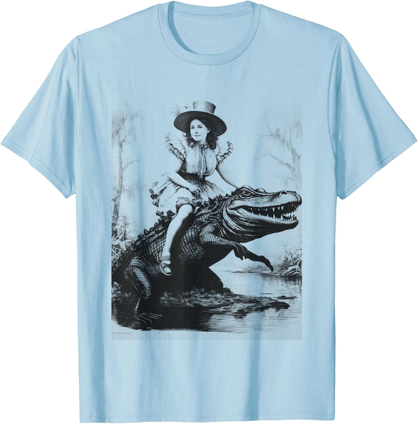 Girl Riding Alligator | Weird Funny Florida Crocodile Meme T-Shirt - T-Shirt | Light Blue