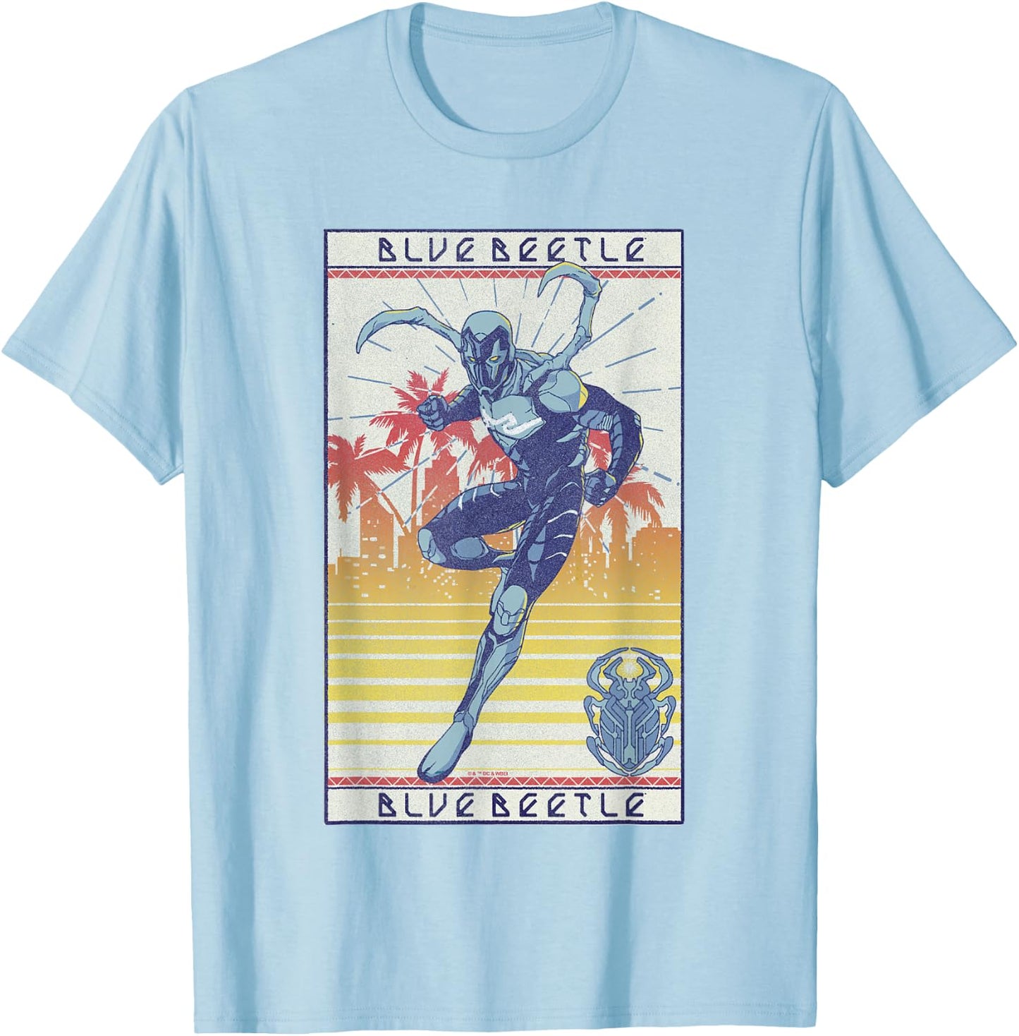 Blue Beetle Cool Pose Over Sunny City Vintage Portrait T-Shirt - T-Shirt | Light Blue