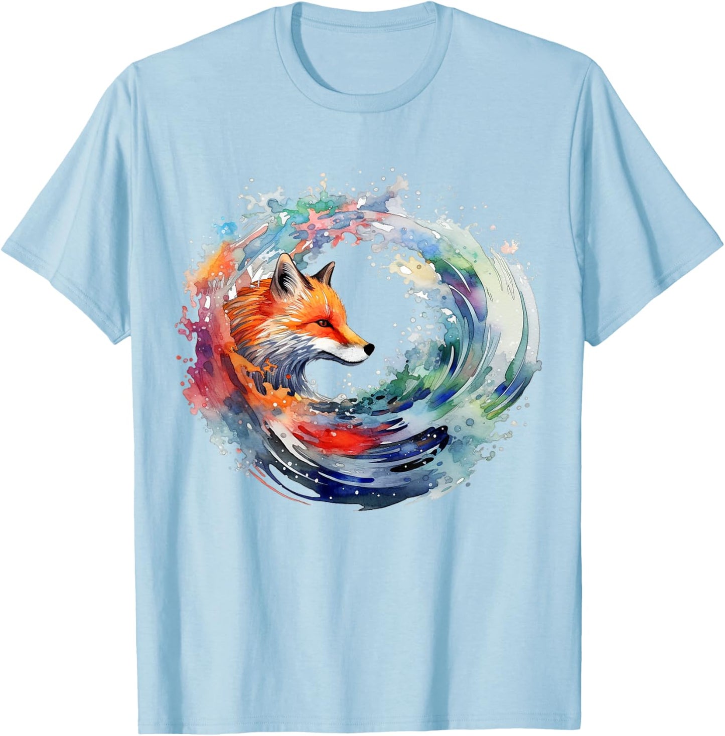 Fox Artwork | Wave Colorful Animal Motif Fox T-Shirt - T-Shirt | Light Blue