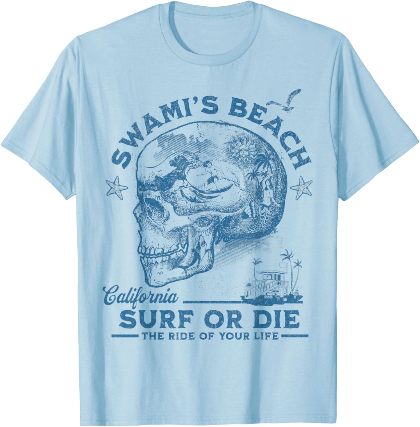 Swami's Beach Surfing Girl Pacific Ocean Surf Board Men Boy T-Shirt - T-Shirt | Light Blue