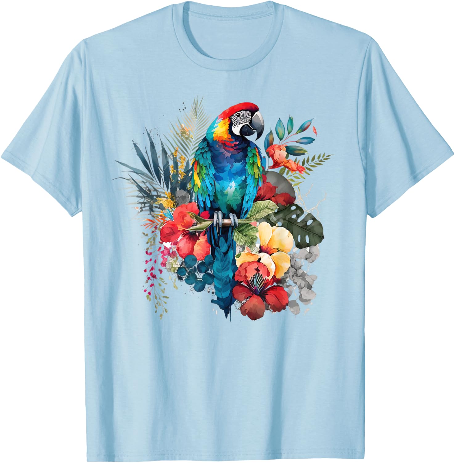 Parrot Tropical Bird Vacation Beach Vintage Flower Hawaiian Women Kids T-Shirt - T-Shirt | Light Blue