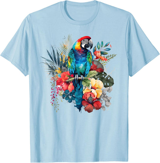 Parrot Tropical Bird Vacation Beach Vintage Flower Hawaiian Women Kids T-Shirt - T-Shirt | Light Blue