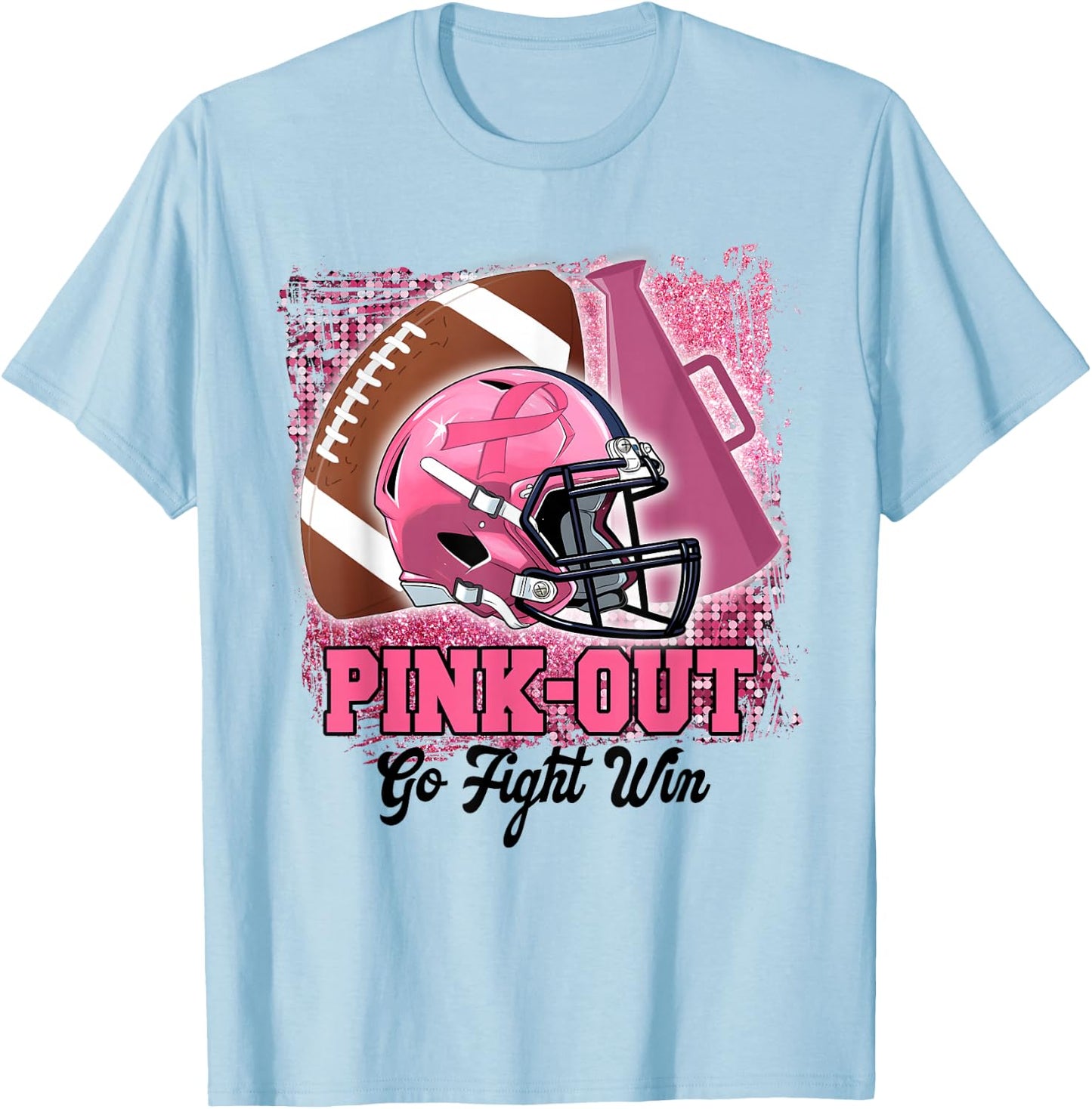 Pink Out Go Fight Win Football Cheer Band Mom Breast Cancer T-Shirt - T-Shirt | Light Blue