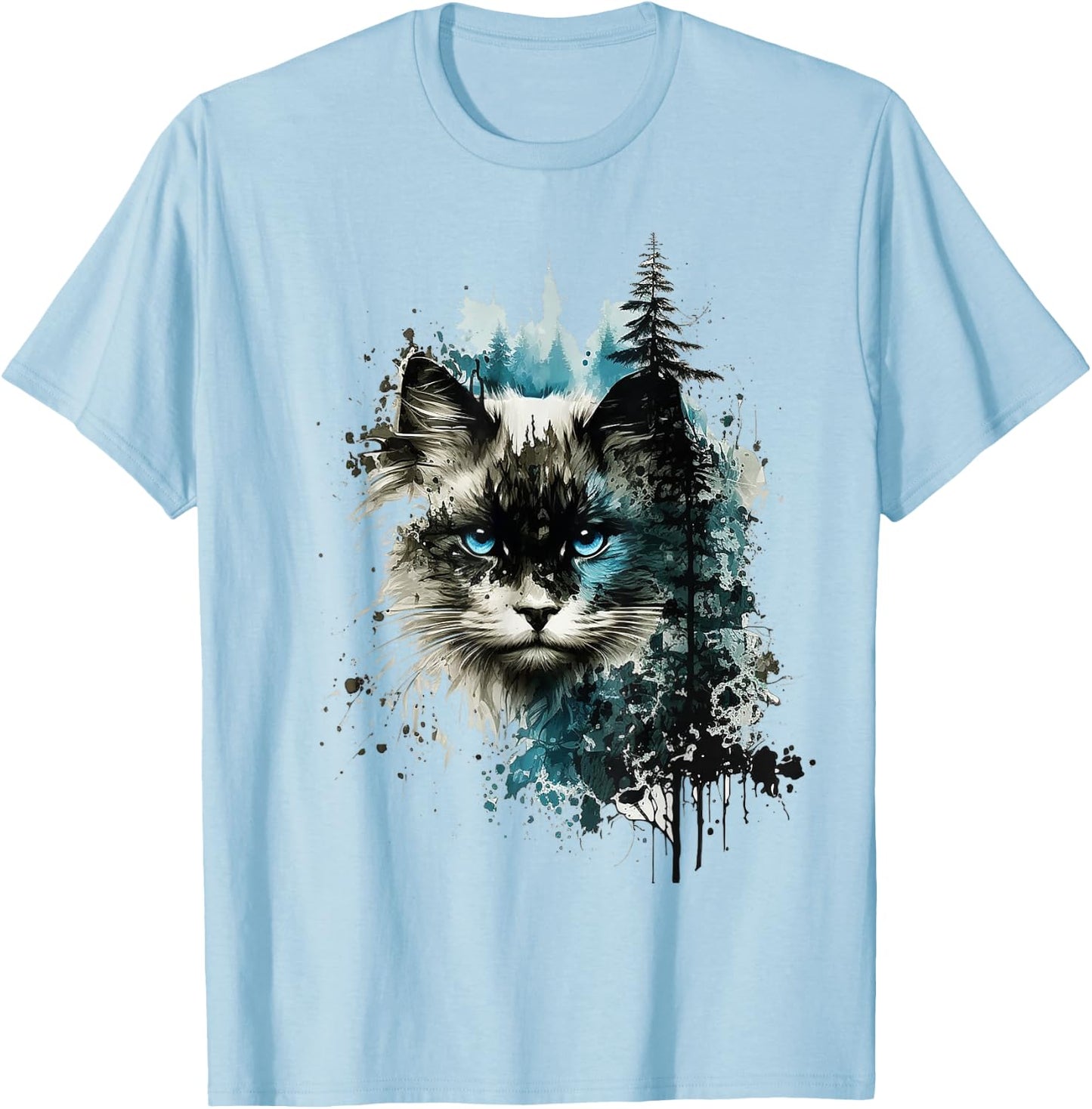 Cat Blue Eyes Cat Motif Art Forest Animal Cat T-Shirt - T-Shirt | Light Blue