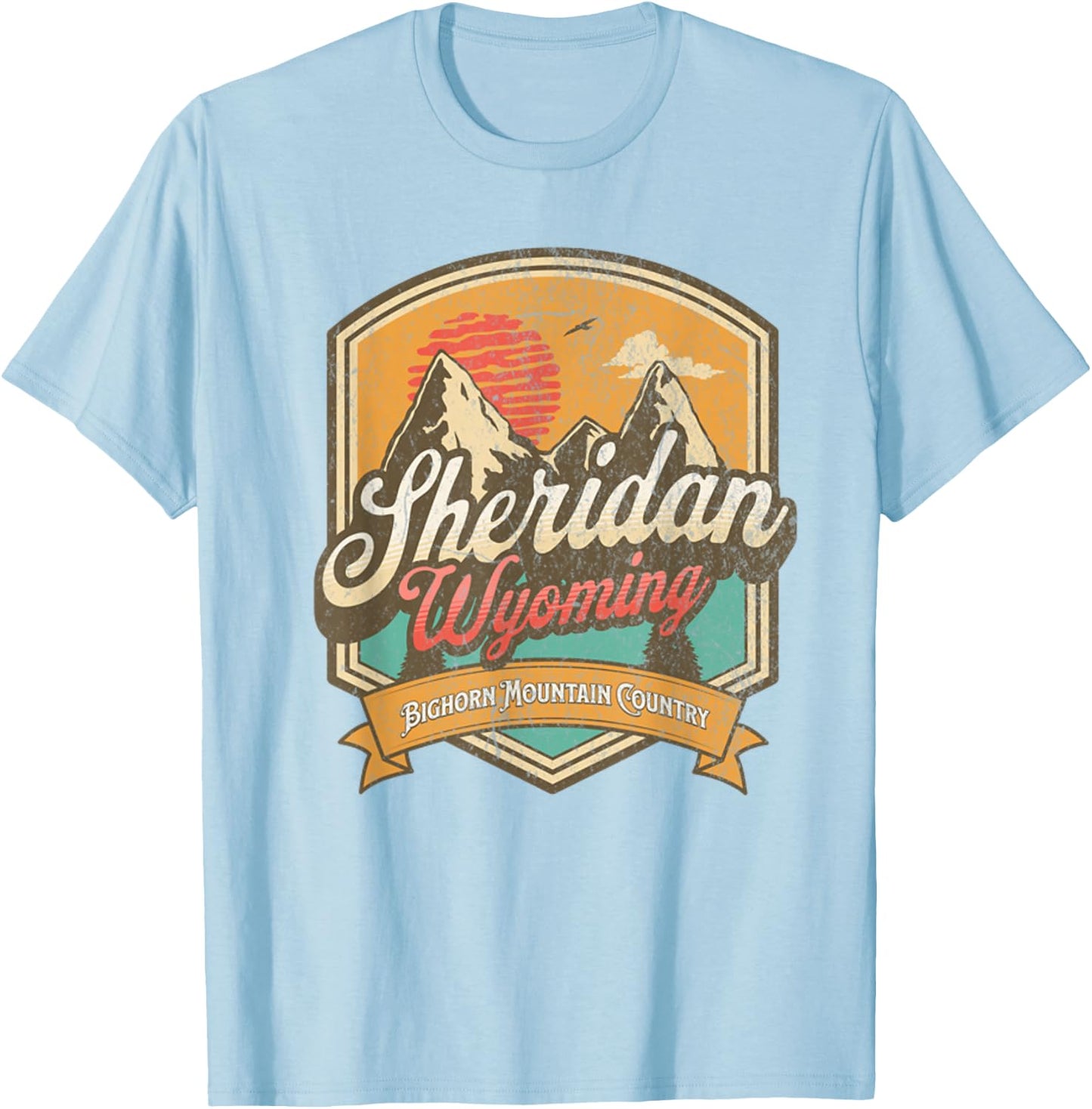 Sheridan, Wyoming Bighorn Mountain Country Logo Emblem T-Shirt - T-Shirt | Light Blue