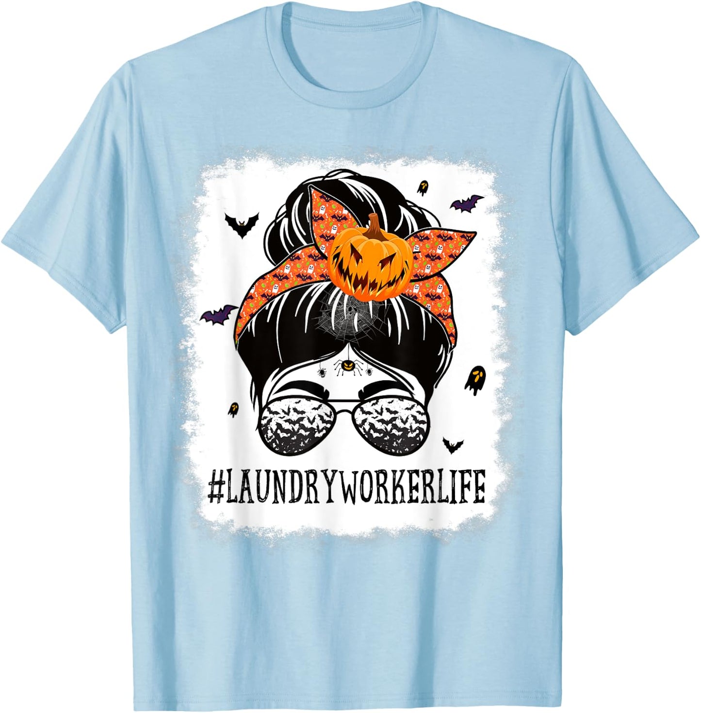 Laundry Worker Messy Bun Spooky Pumpkin Halloween Costume T-Shirt - T-Shirt | Light Blue