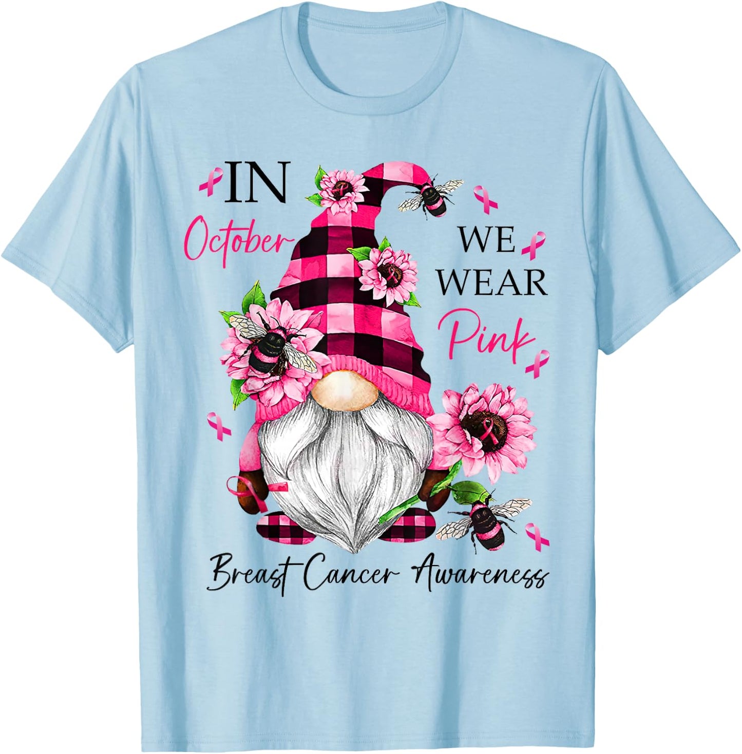 In October We Wear Pink Gnome Breast Cancer Awareness T-Shirt - T-Shirt | Light Blue