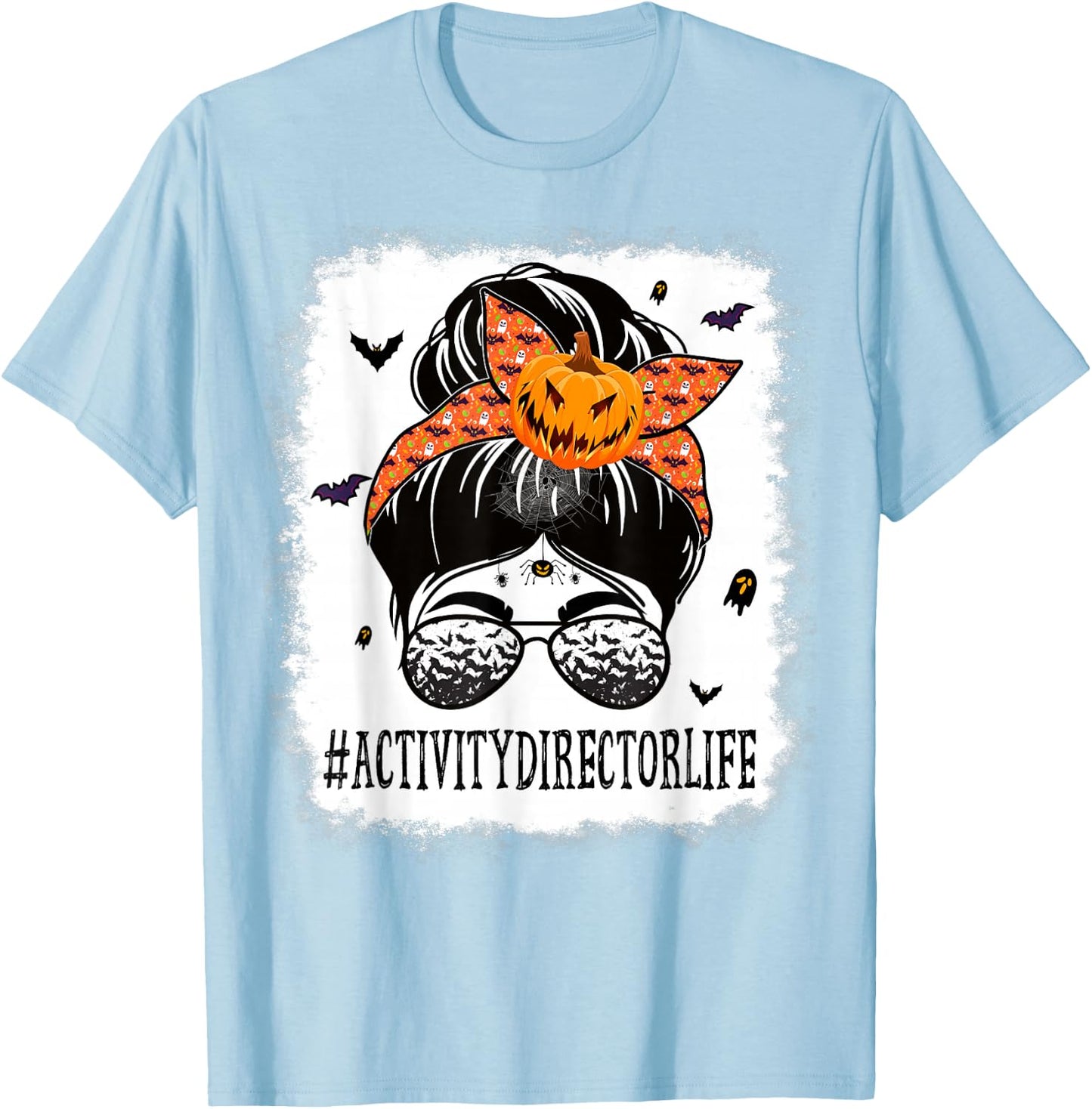 Activity Director Messy Bun Spooky Pumpkin Halloween Costume T-Shirt - T-Shirt | Light Blue