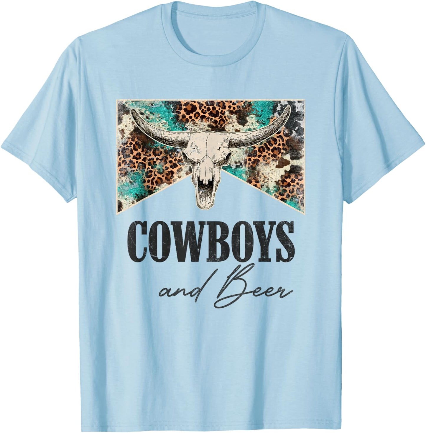Retro Leopard Western Life Country Bull Skull Cowboys & Beer T-Shirt - T-Shirt | Light Blue