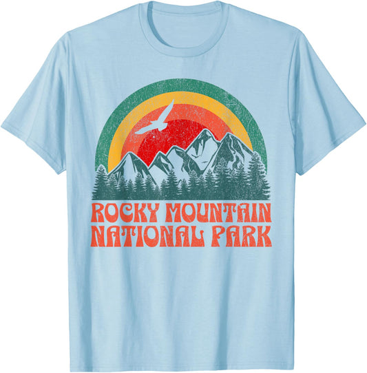Rocky Mountain National Park Colorado USA Outdoor Women's Retro Yellow Modern Short Sleeve , Small T-Shirt - T-Shirt | Light Blue
