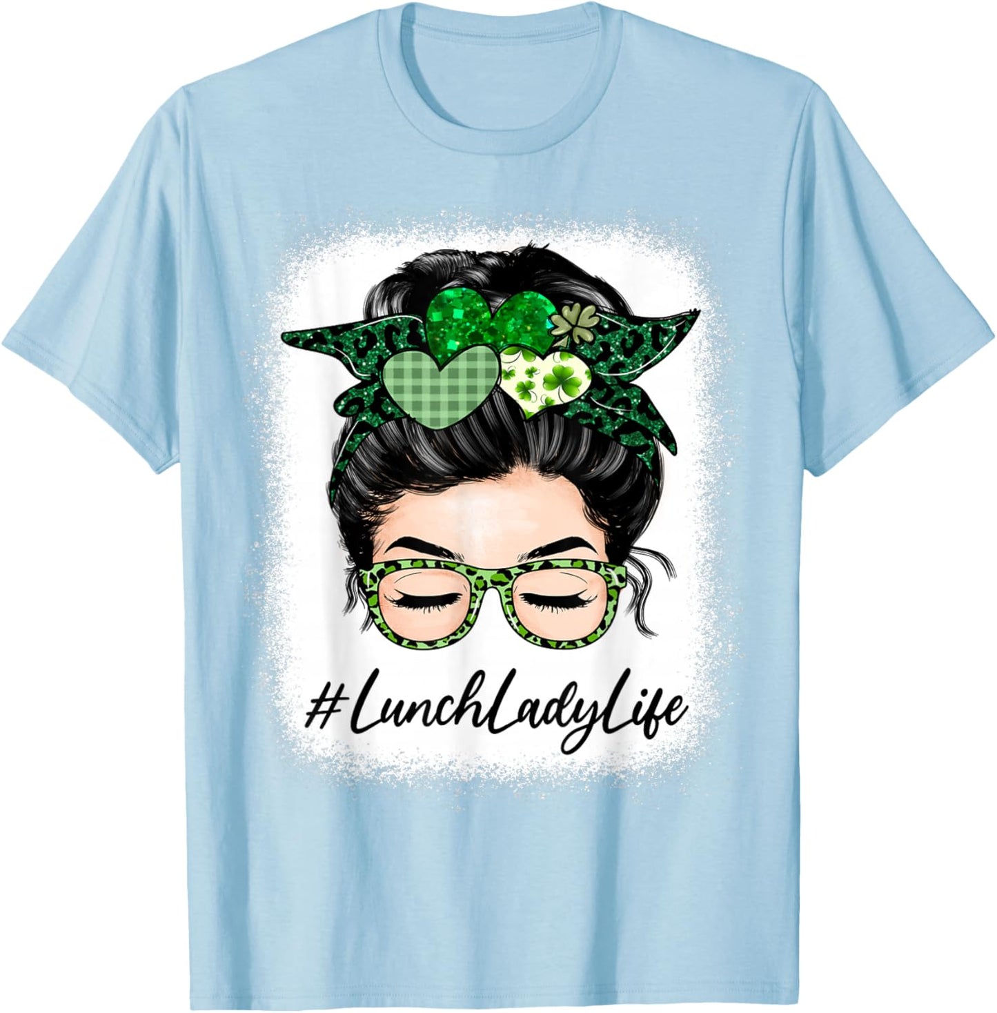 Lunch Lady Women Messy Bun St Patrick's Day Shamrock T-Shirt - T-Shirt | Light Blue