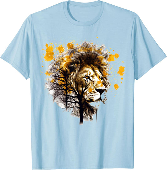 Lion Artwork Tree Colourful Animal Motif Lion T-Shirt - T-Shirt | Light Blue