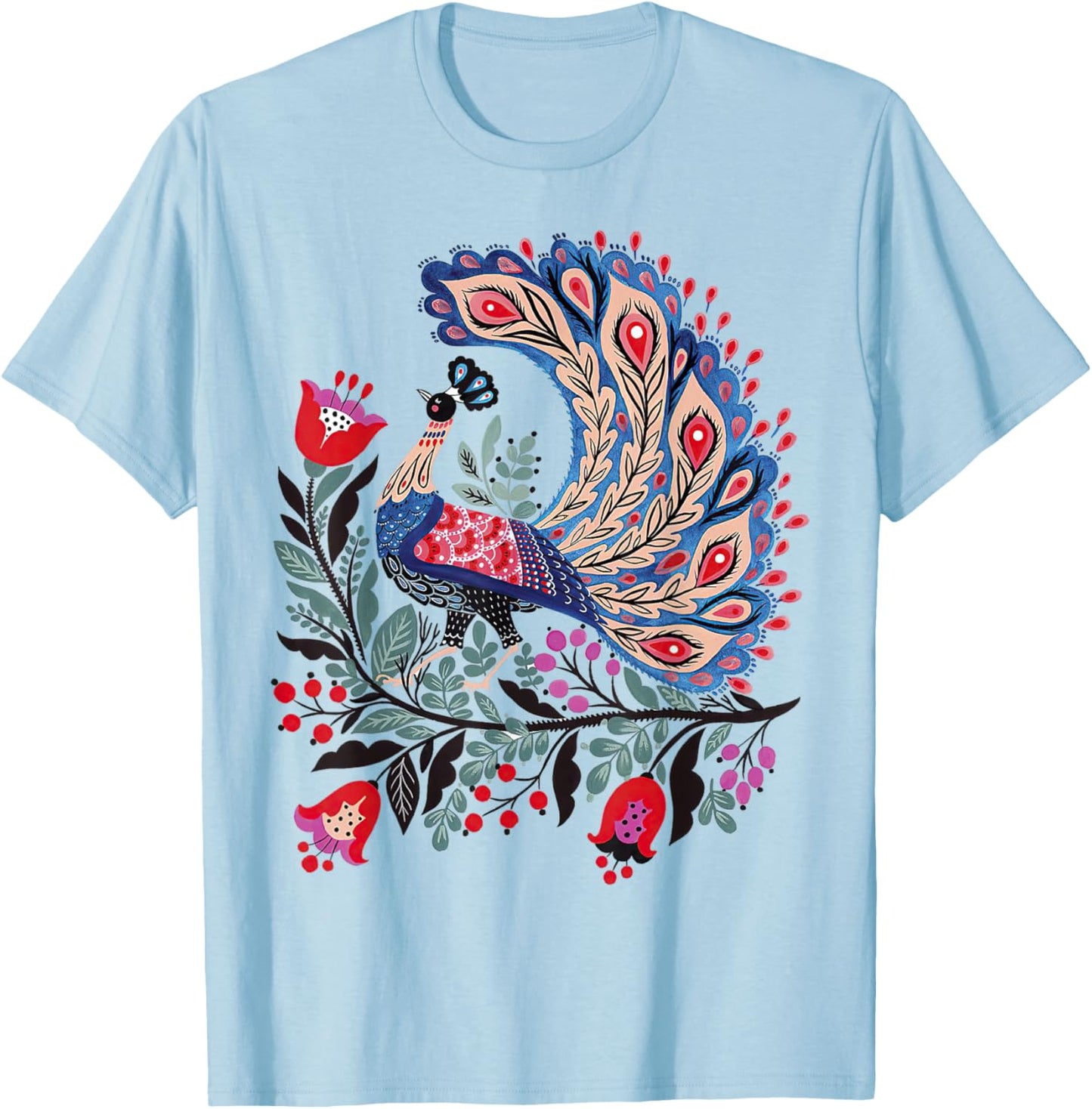 Mystical Botanical Bird Scandinavian Folk Art T-Shirt - T-Shirt | Light Blue