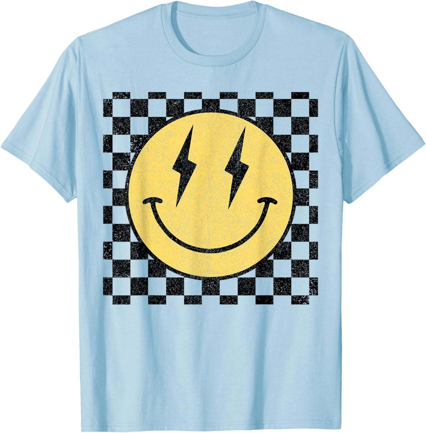 Retro Happy Face Shirt Checkered Pattern Smile Face Trendy T-Shirt - T-Shirt | Light Blue