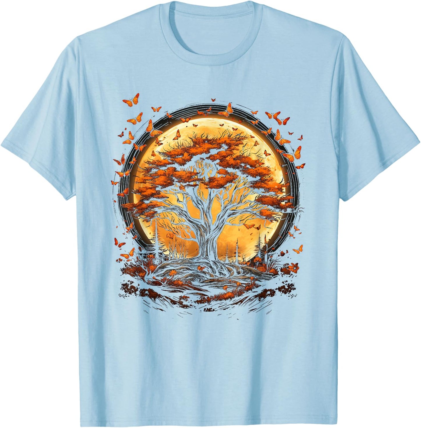 Fall Autumn falling leaves with Tree and Butterfly orange T-Shirt - T-Shirt | Light Blue