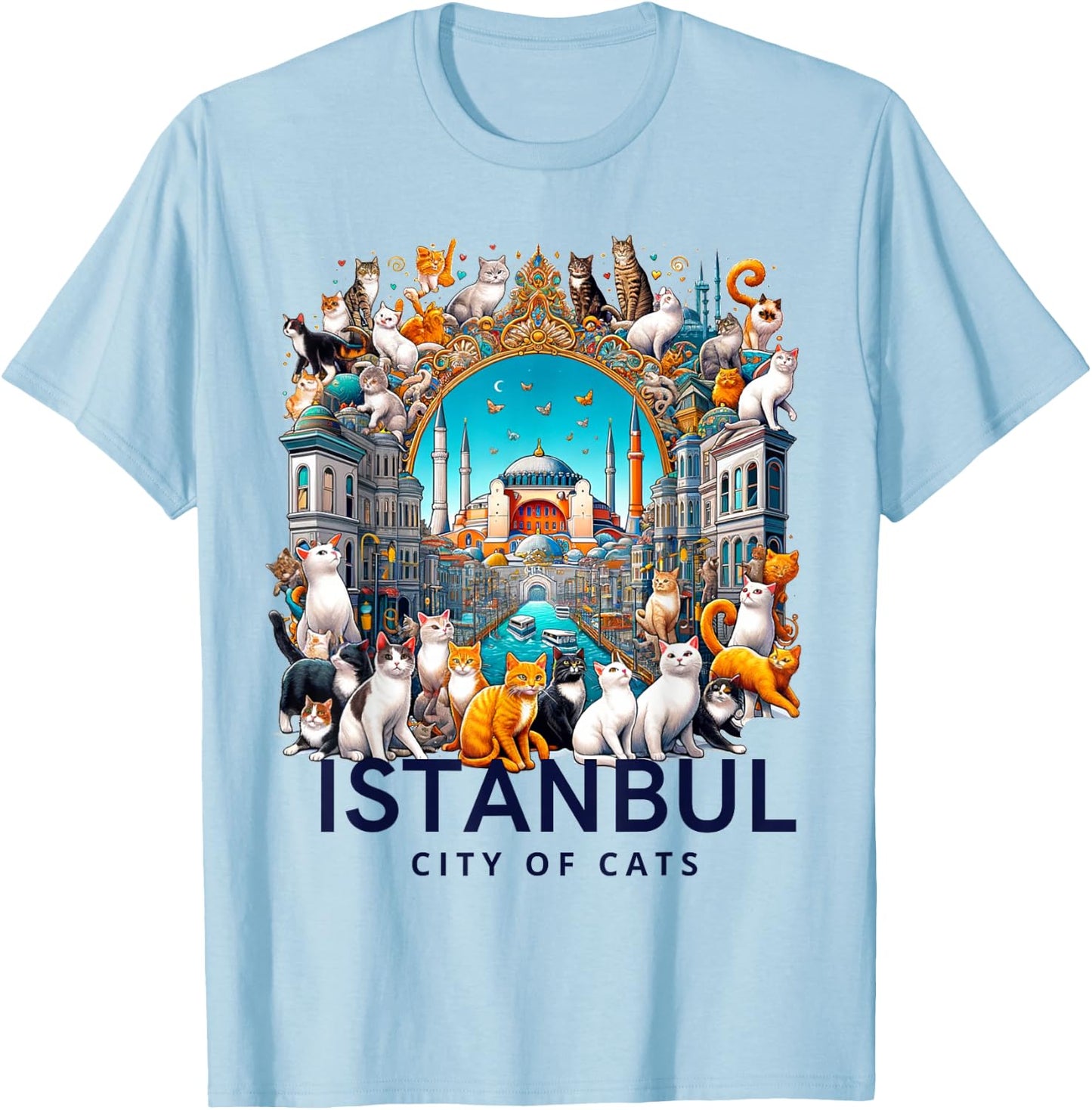 City of Cats, Istanbul - Turkish Art T-Shirt - T-Shirt | Light Blue
