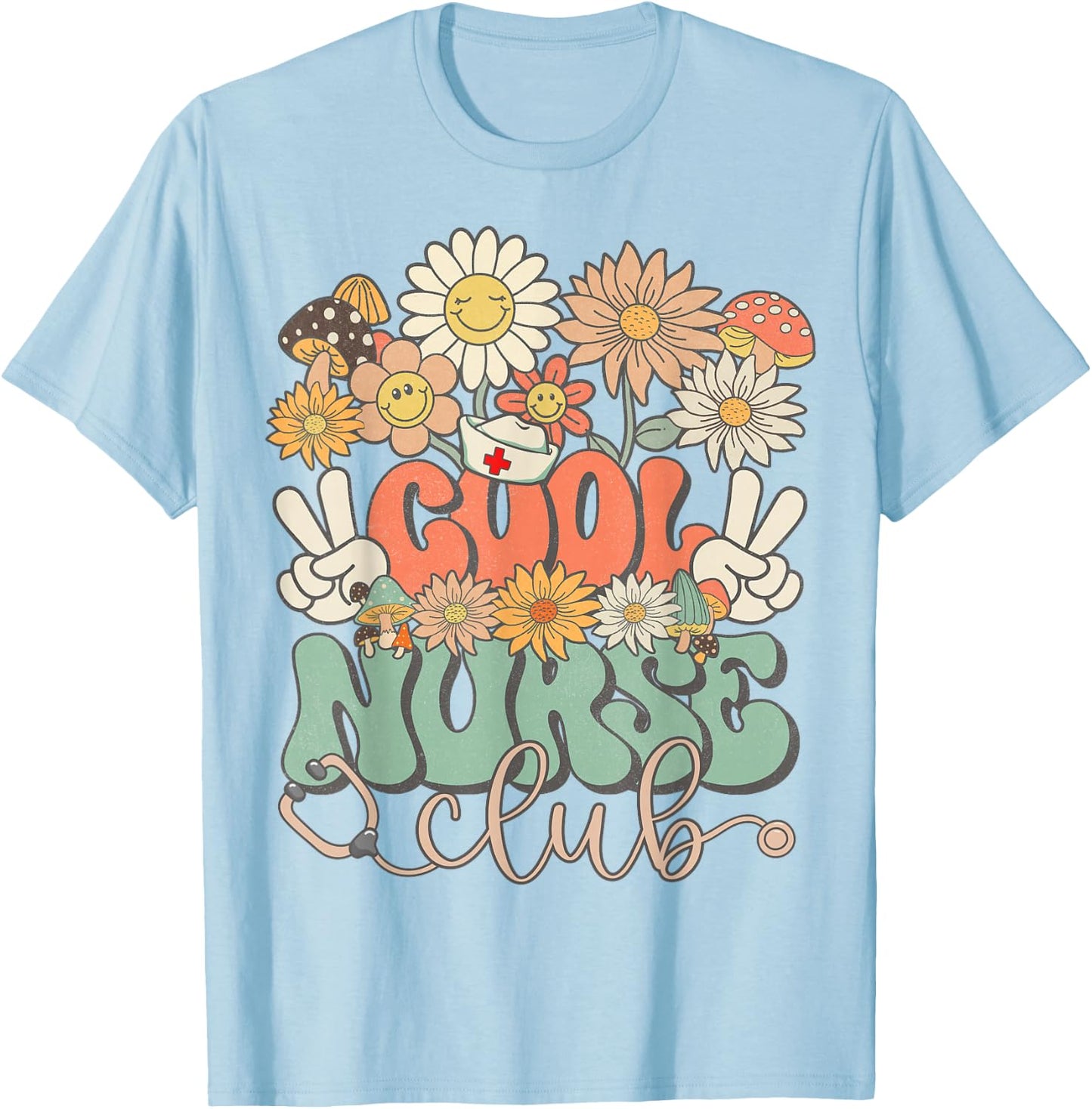 Cool Nurse Club Floral Hippie Groovy Retro Daisy Funny Nurse T-Shirt - T-Shirt | Light Blue