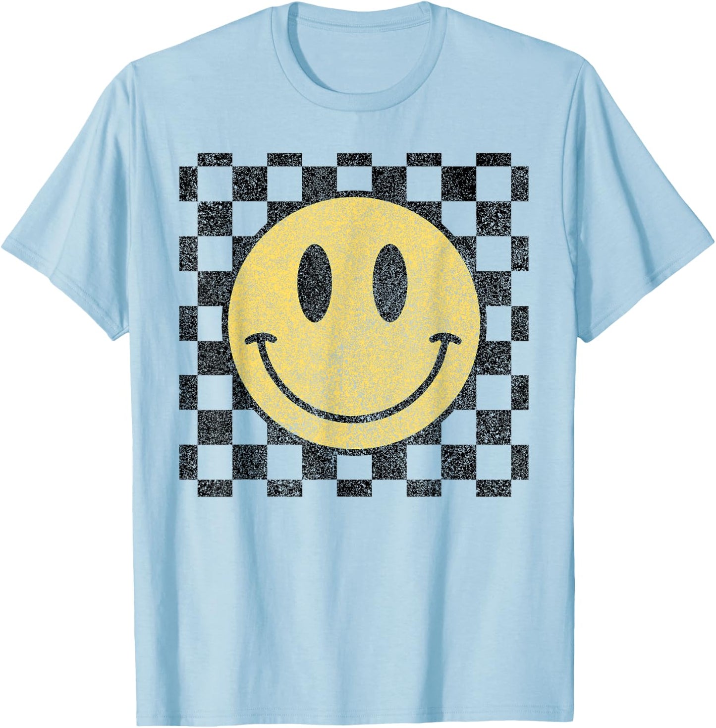 Retro Happy Face Checkered Pattern Smile Face Trendy T-Shirt - T-Shirt | Light Blue