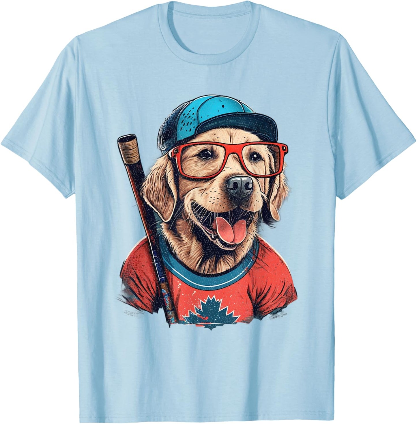 Vintage Retro Dog Playing Hockey, Hockey Stick, Puppy Lover T-Shirt - T-Shirt | Light Blue