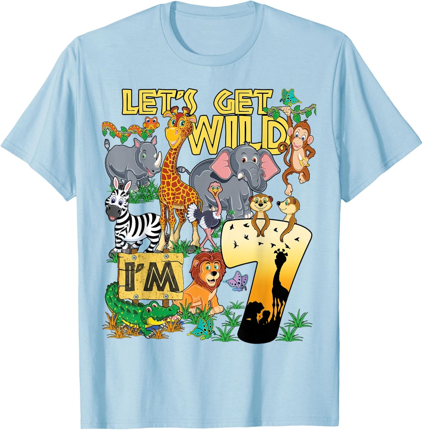 7 Year Old Zoo Safari Birthday Party Lets Get Wild I'm 7 T-Shirt - T-Shirt | Light Blue