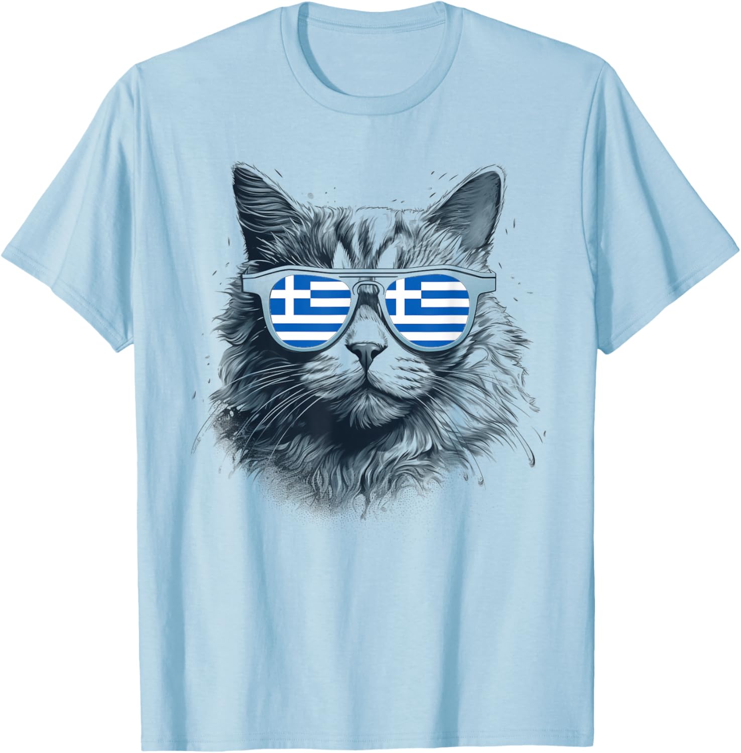 Greek Greece Flag Cat Sunglasses Family Country Funny Men Women Kids T-Shirt - T-Shirt | Light Blue