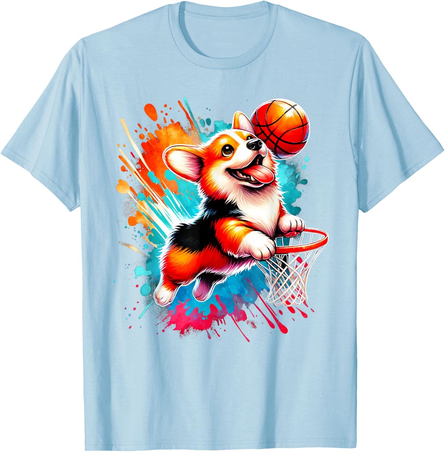 Corgi Basketball Player Colorful T-Shirt - T-Shirt | Light Blue