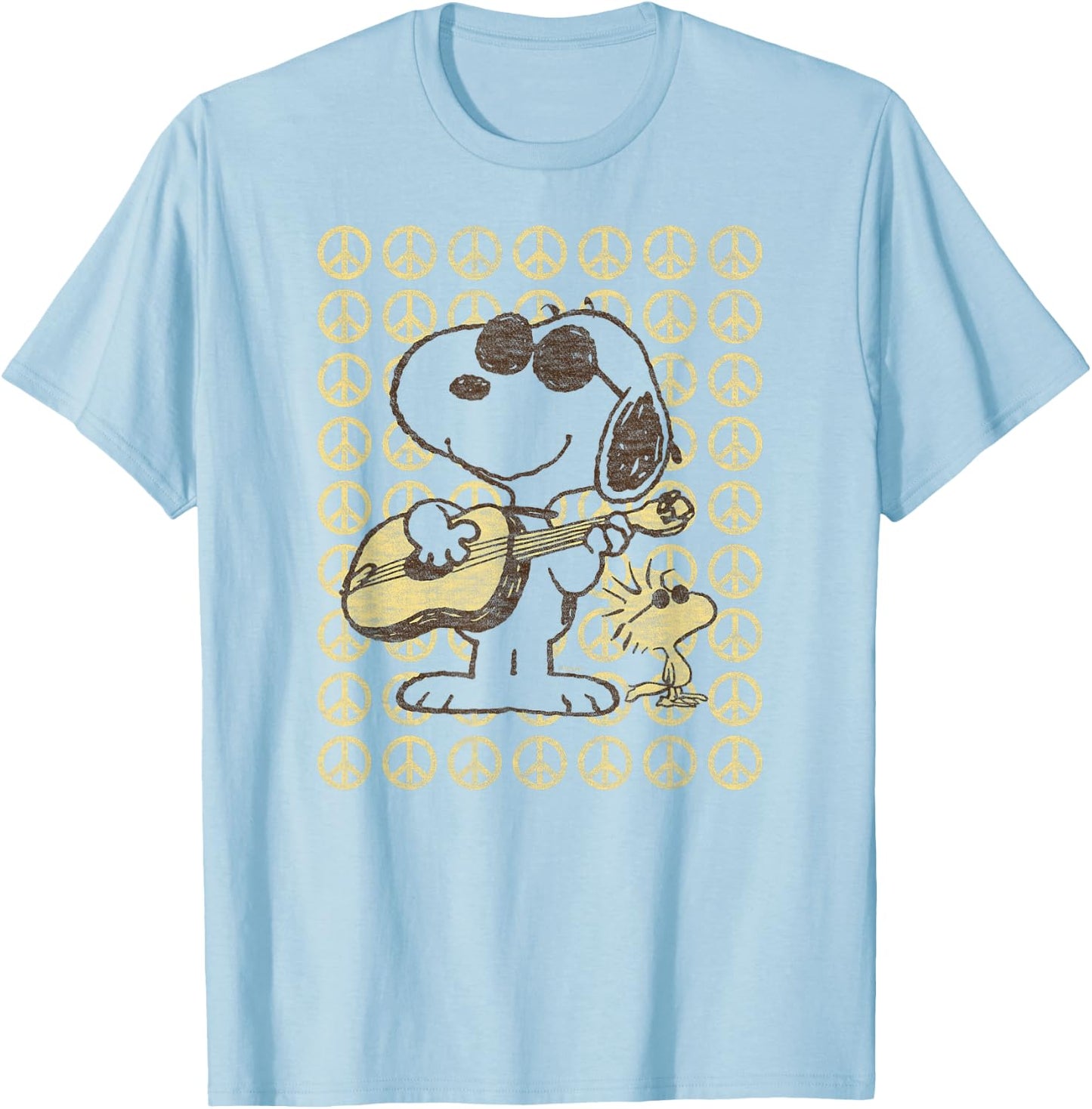 Peanuts - Snoopy Woodstock Guitar & Peace Signs T-Shirt - T-Shirt | Light Blue