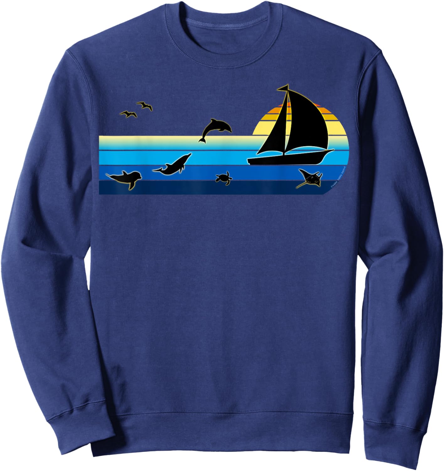 Nautical Sunrise Sailboat with Dolphins Beach Summer Sailing Women Kids Sweatshirt - Sweatshirt | Navy