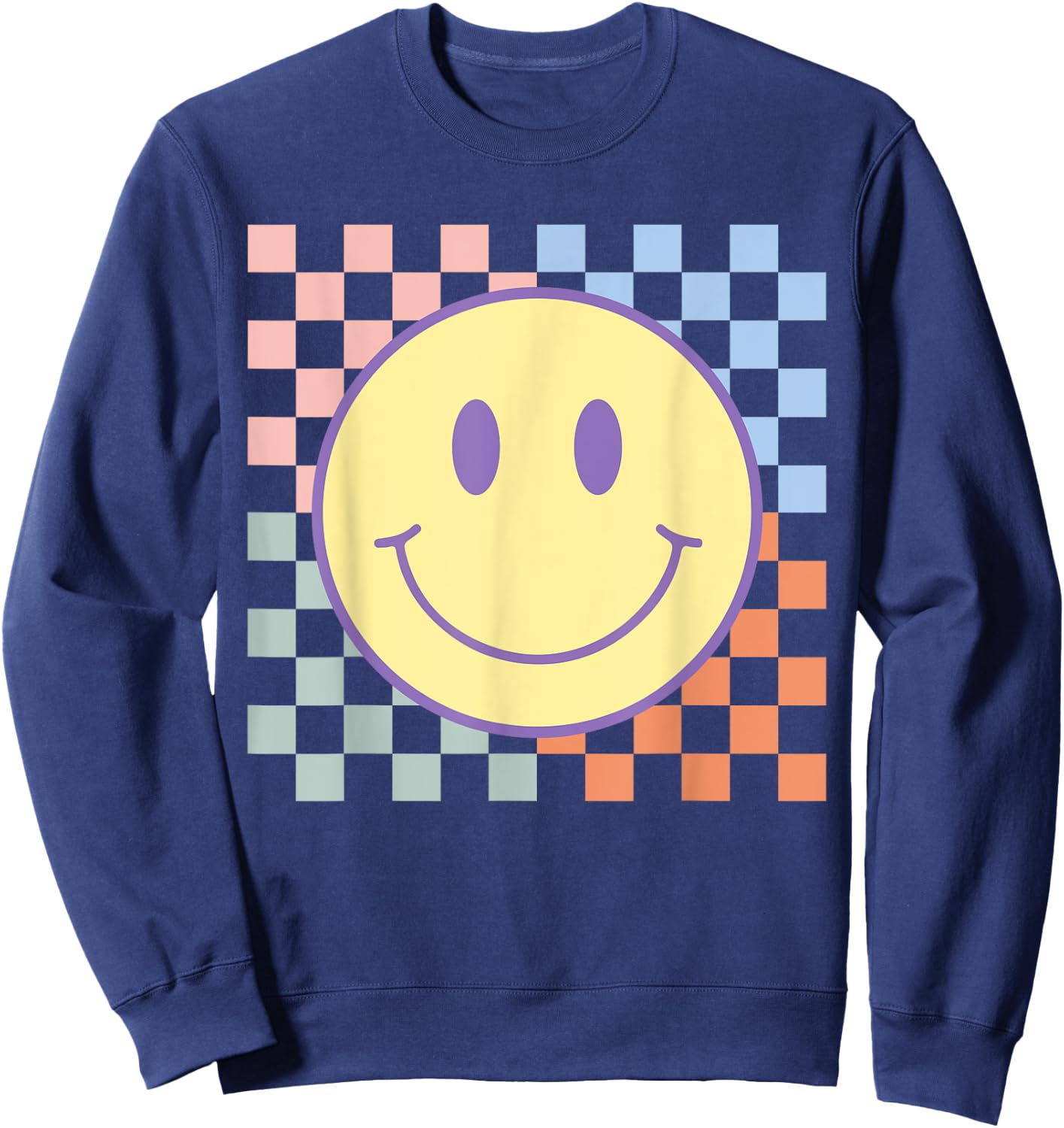 Retro Happy Face Shirt Checkered Pattern Smile Face Trendy Sweatshirt - Sweatshirt | Navy