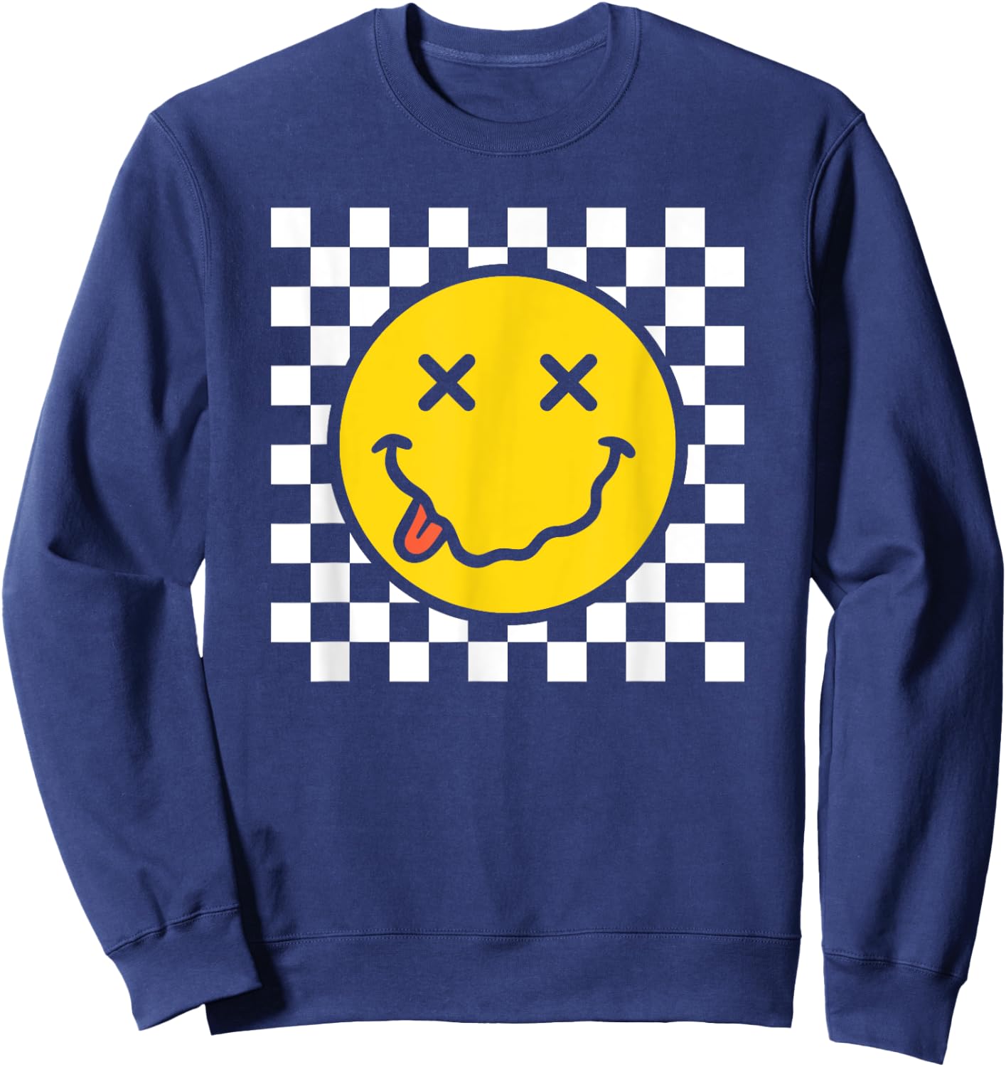 70s Yellow Smile Face Funny Tongue Out Checkered Happy Face Sweatshirt - Sweatshirt | Navy