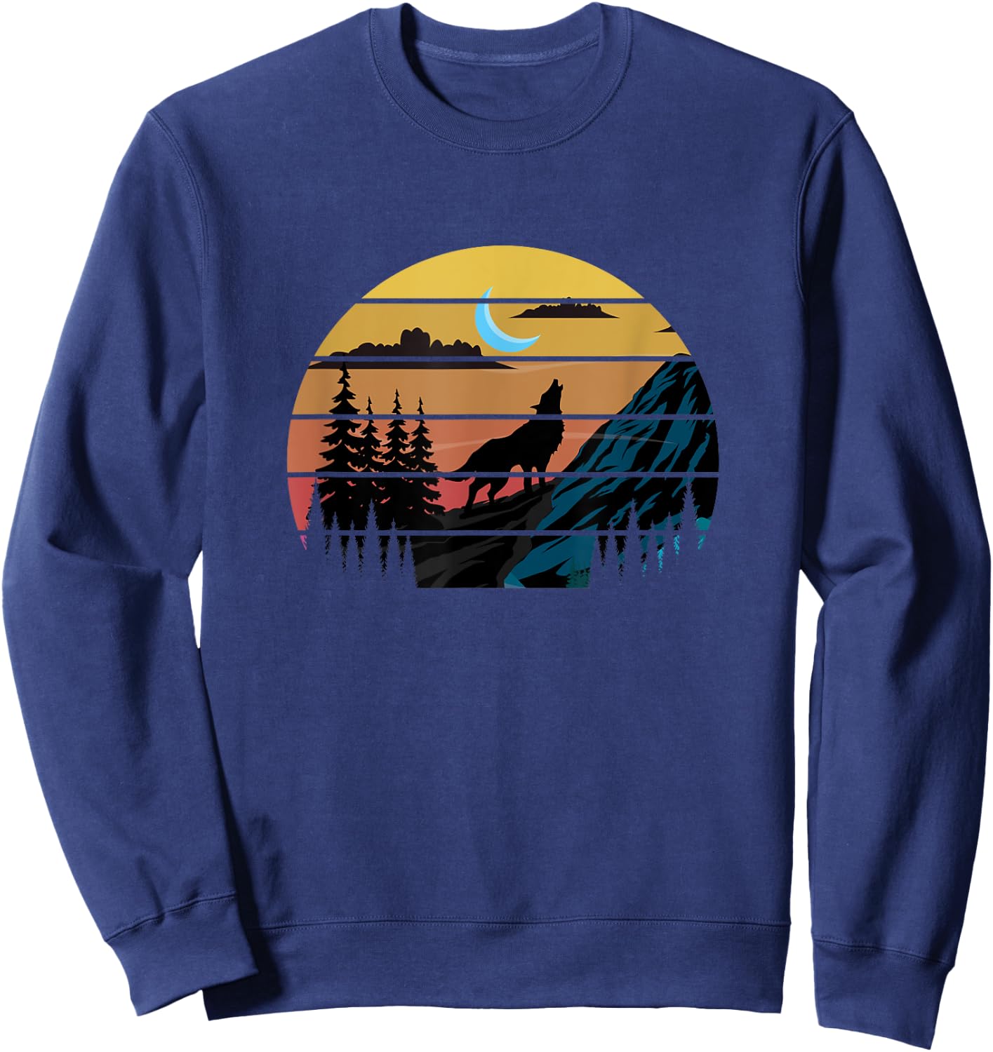 Retro Wolf Mountains Moon | Forest Nature | Wildlife Sweatshirt - Sweatshirt | Navy