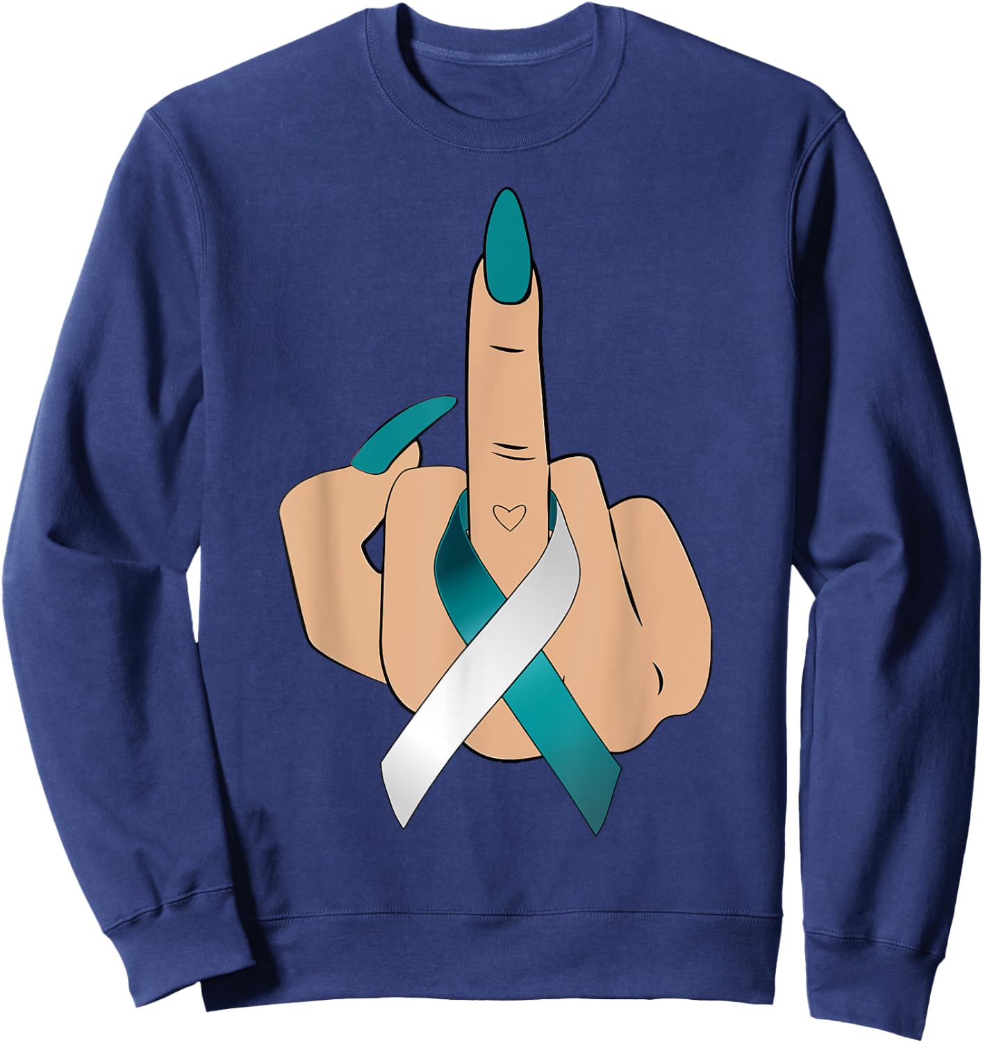 Middle Finger Woman Teal White Ribbon Cervical Cancer Women Sweatshirt - Sweatshirt | Navy