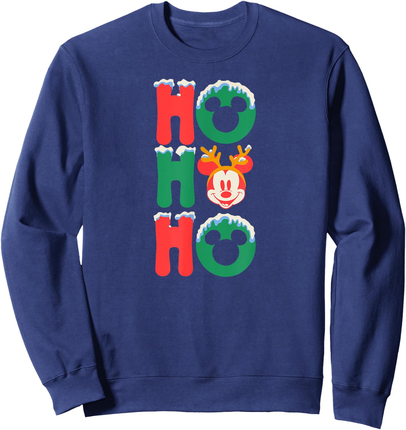 Amazon Essentials Men's Mickey Mouse Ho Ho Ho Snowy Christmas Antlers , Black Graphic Print, Small Sweatshirt - Sweatshirt | Navy
