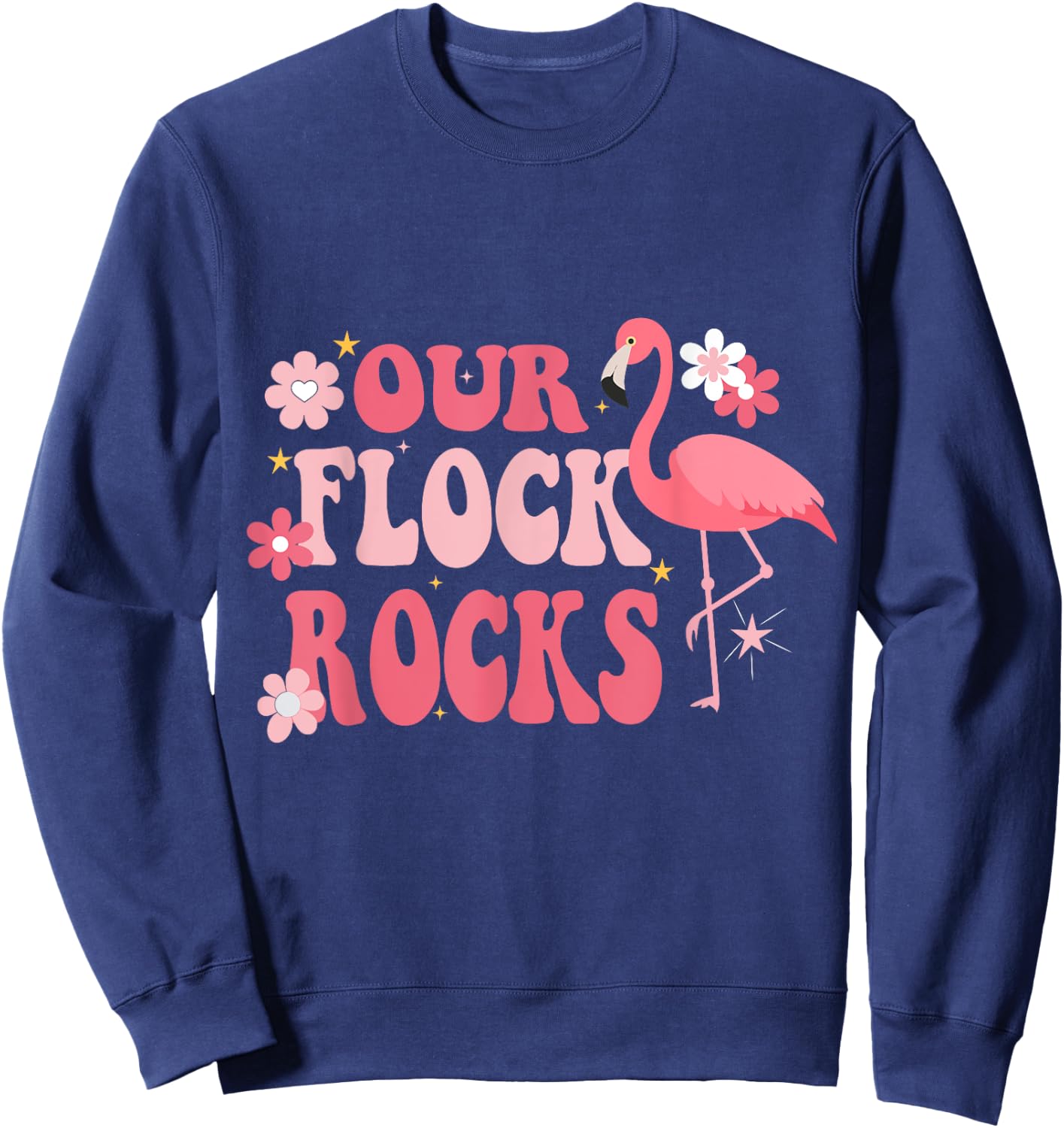 Our Flock Rocks Flamingo Mother's Day Groovy Sweatshirt - Sweatshirt | Navy