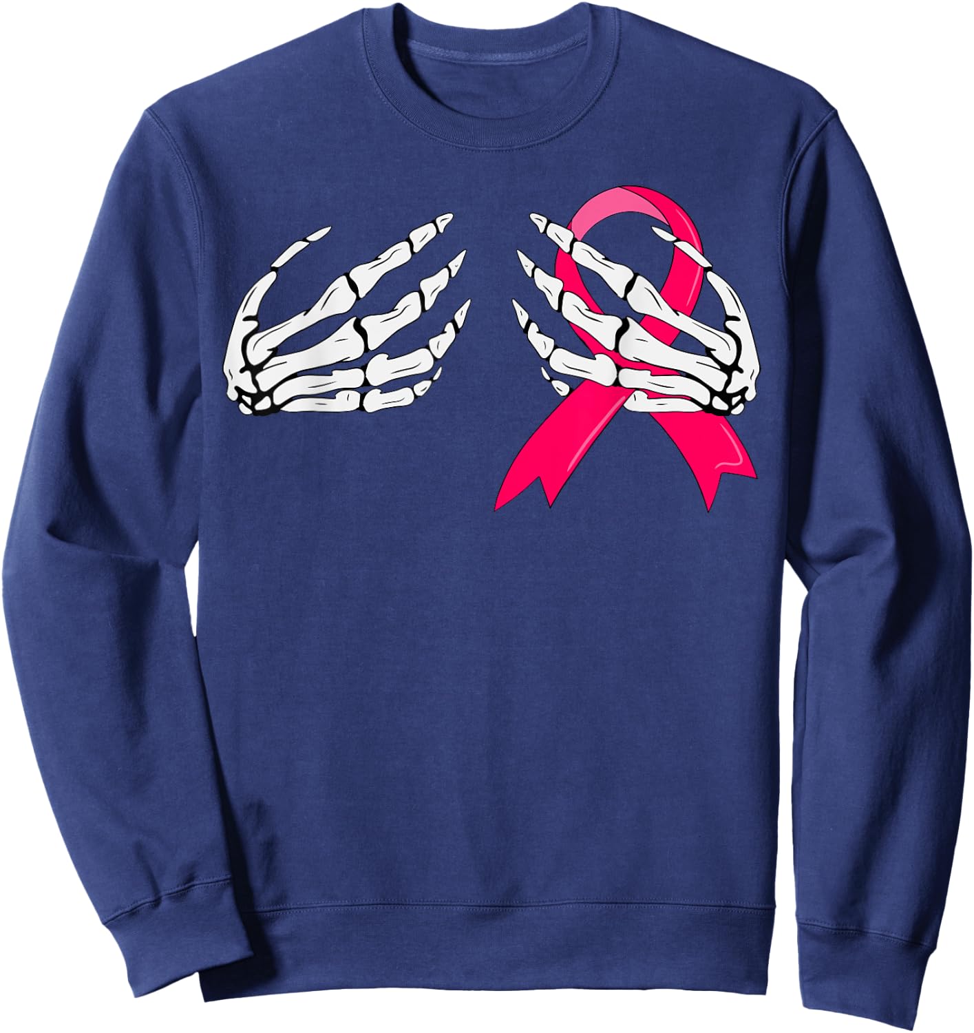 Pink Ribbon Skeleton Hand Breast Cancer Awareness Sweatshirt - Sweatshirt | Navy