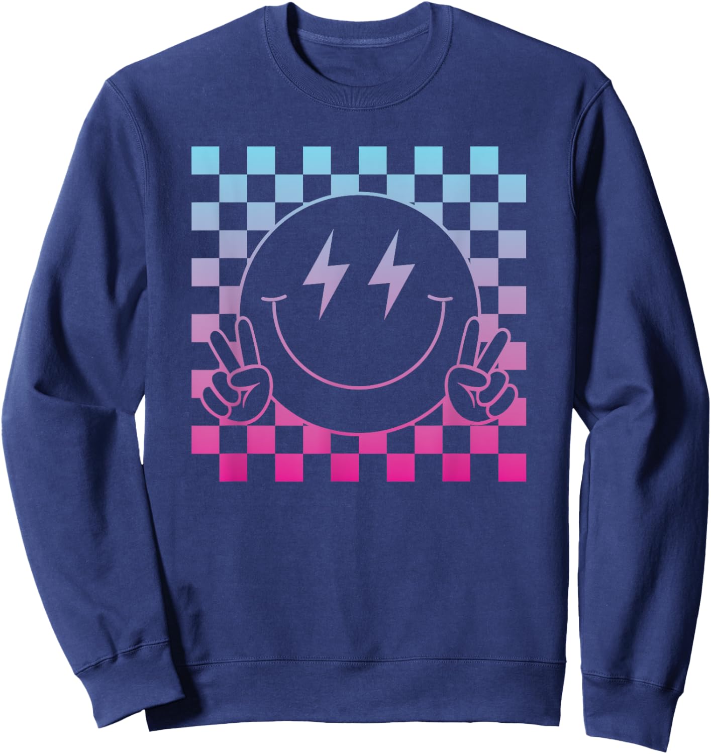 Lightning Eyes Smile Face Shirt Cute Checkered Smiling Happy Sweatshirt - Sweatshirt | Navy