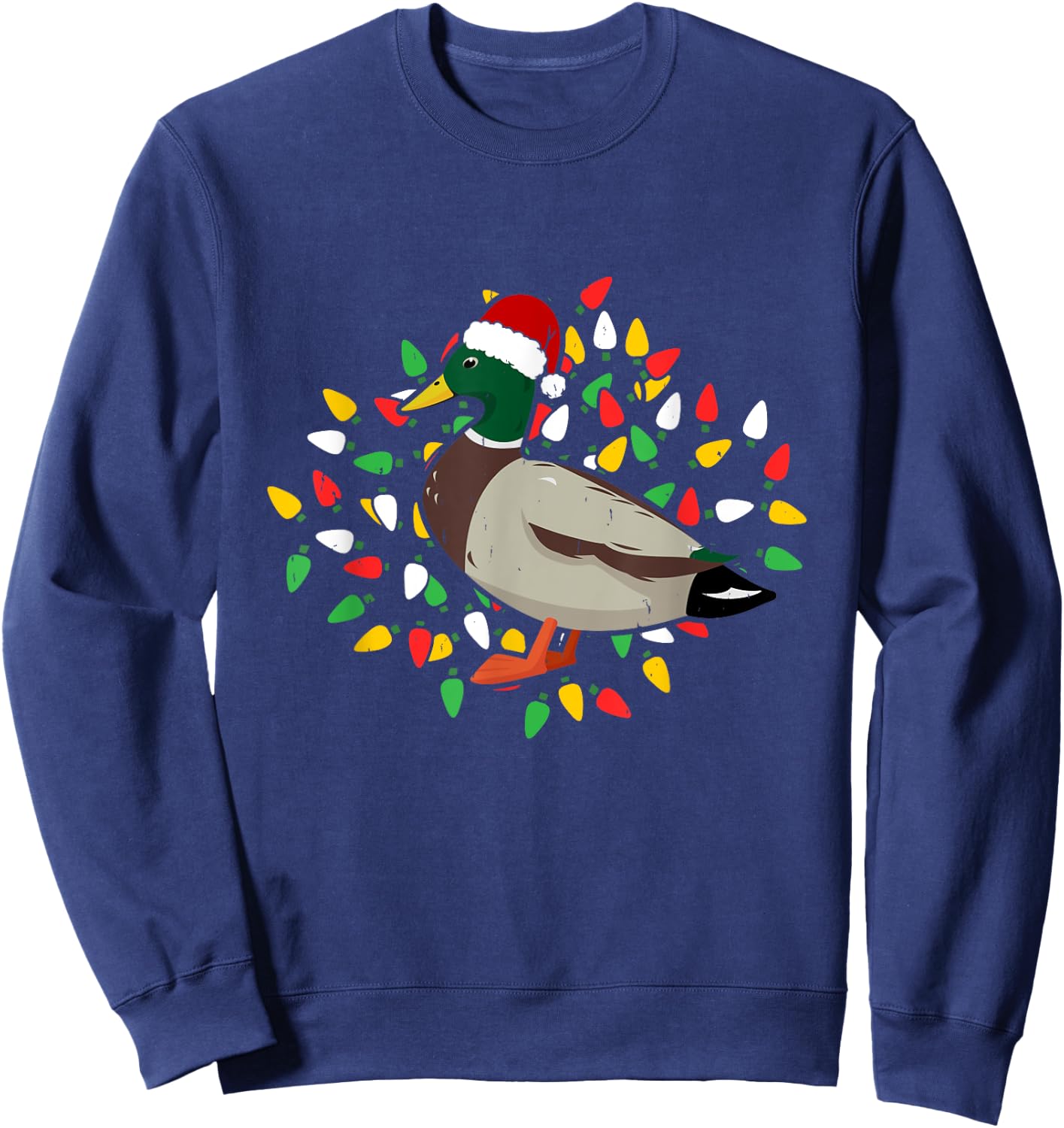 Holiday Xmas Lighting Santa Hat Mallard Duck Bird Christmas Sweatshirt - Sweatshirt | Navy