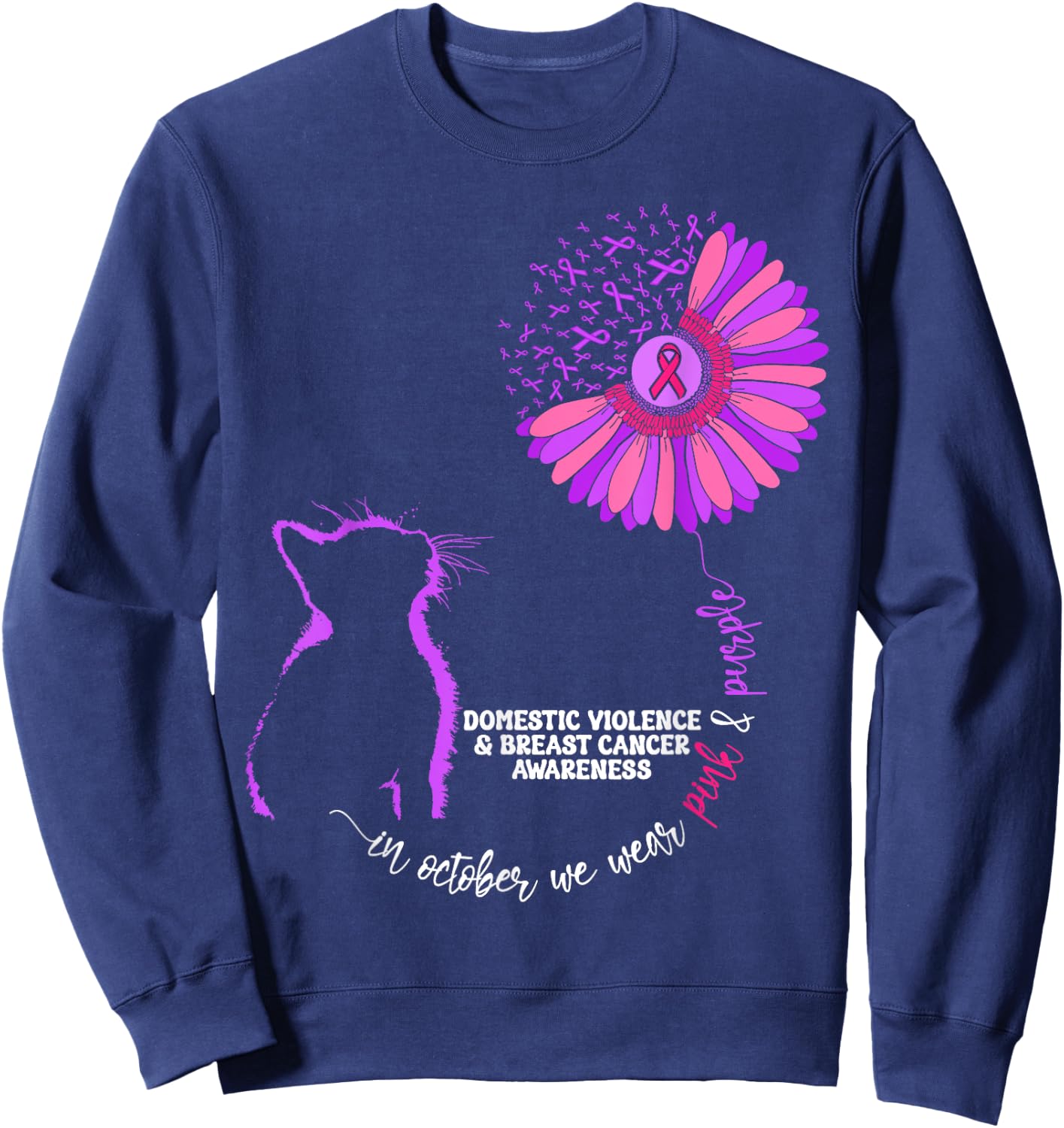 Cat Domestic Violence And Breast Cancer Awareness Groovy Men Women Girls Kids Sweatshirt - Sweatshirt | Navy